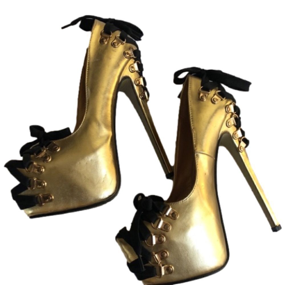 Red kiss lace up heels gold